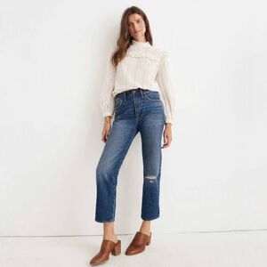 Madewell Classic Straight Jean Knee Rip High Waist Ankle Crop Jade Wash 26